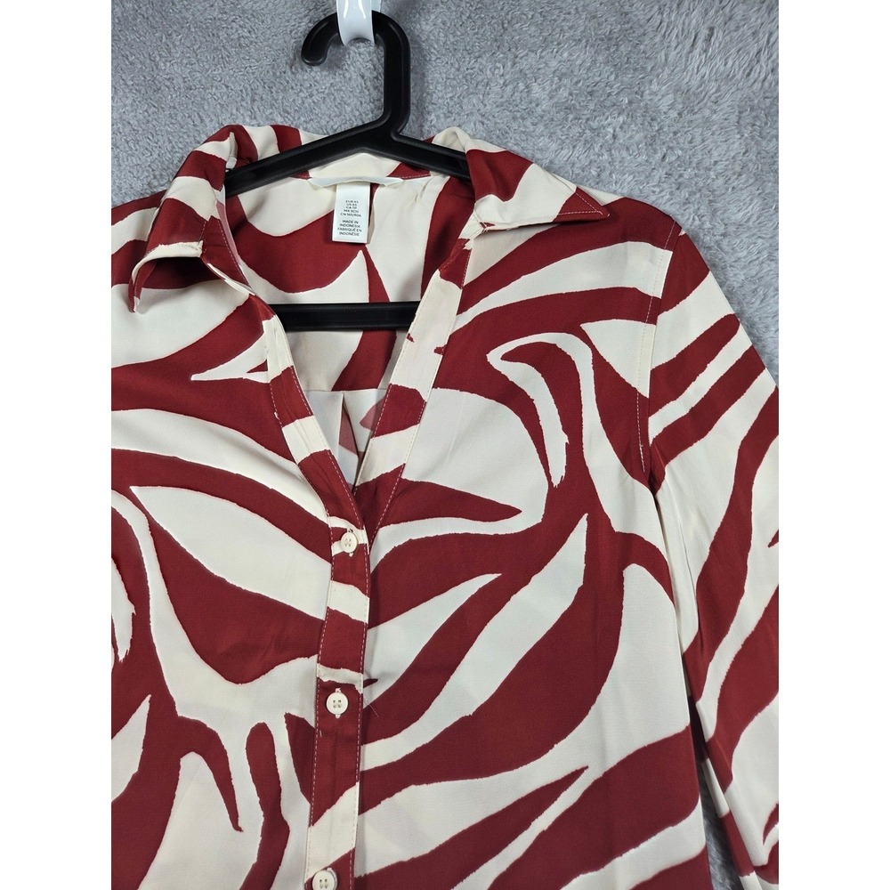 H&M Animal Print Shirt Pants Combo Women's Burgundy Cream Long Sleeve V Neck